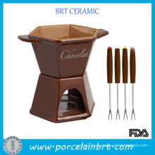 Set de fondue de chocolate de cerámica marrón con horquillas